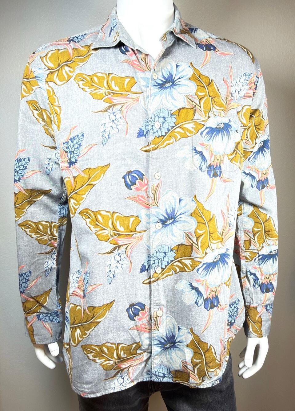 Tommy Bahama Paulo Chambray Hawaiian Shirt Men L Large Gray Floral Cotton LS